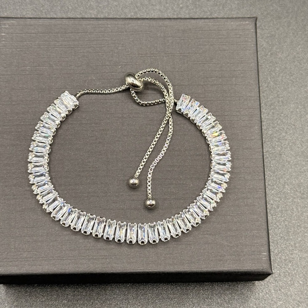 Baguette Cut Tennis Bracelet Adjustable Slider Clasp Made With Swarovski Crystal